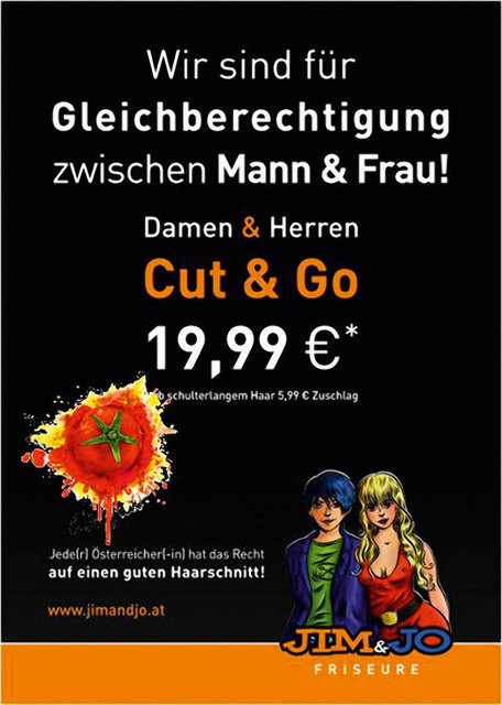 Werbeplakat „Friseure Jim & Jo“ Klagenfurt: Von Watchgroup als sexistisch beurteilt, hingegen sieht der Werberat keinen Grund zur Beanstandung