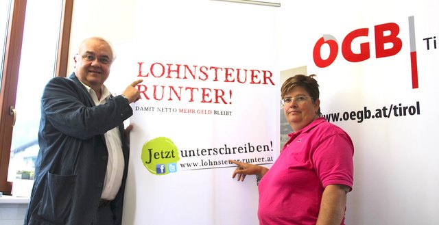 Otto Leist und Margit Luxner fordern "mehr Netto vom Brutto" – mit einer Lohnsteuersenkung. | Foto: Foto: ÖGB Tirol