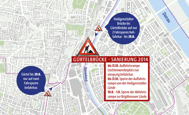 Großbaustelle Gürtelbrücke: Gänzlich meiden oder über Muthgasse beziehungsweise Friedensbrücke ausweichen. | Foto: Plan: APA; Grafik: Kitting
