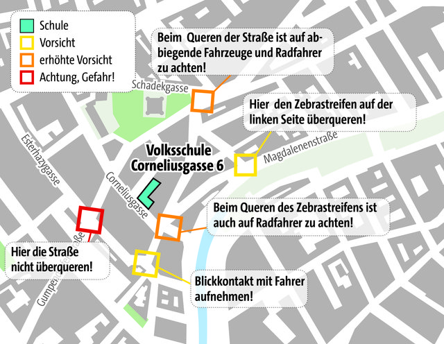 Volksschule Corneliusgasse: An fünf Stellen heißt es aufpassen für Schulanfänger.