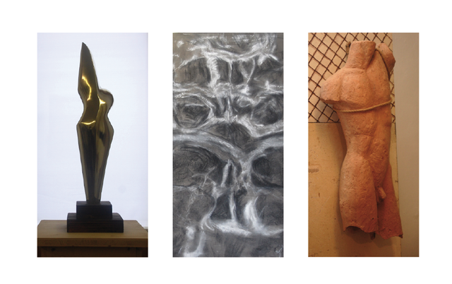 Kleine Werkschau im Atelier: Ikarus (Bronze, 1992), Pipola (Bild, 2014), Torso (Keramik, 1992). | Foto: Zippel
