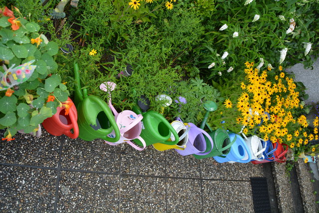Die bunte Gießkannen-Sammlung im Garten der Putschögls ist sehr nett anzusehen.