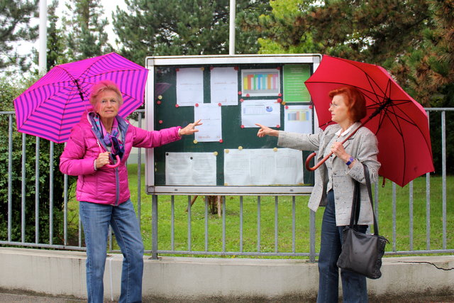 Lore Kummer und Carola Röhrich vor der einzigen Anschlagtafel direkt an der MVA Flötzersteig. Die Dtaen sind vom letzten Monat.