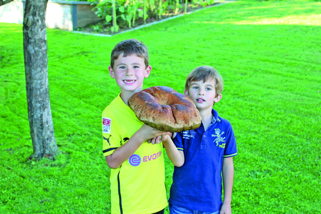 David und Jakob Stöbich mit ihrem Riesenfund, den sie in Schinken gemacht haben. | Foto: Foto: privat