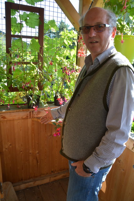 Im Gastgarten fühlt sich Manfred Aigner mit seinen Fuchsien pudelwohl.