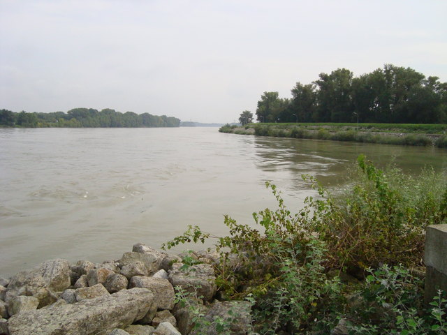 Rechts die Abzweigung von der Donau in den Freudenauer Hafen, hinten rechts der Praterspitz