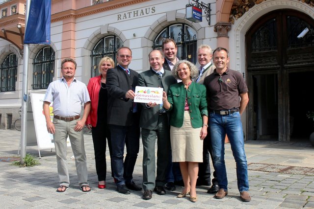 Hannes Dunhofer, Christine Baccili, Bürgermeister Johannes Waidbacher, Landesrat Max Hiegelsberger, Florian Zagler, Maria-Theresia Wirtl, Bundesrat Ferdinand Tiefnig und Christian Hofer. | Foto: Land OÖ