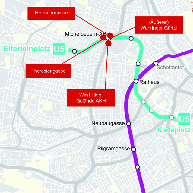 Probebohrungen in Währing: Bei vier Bohrungen wird die Machbarkeit der neuen U5-Strecke überprüft. | Foto: Grafik: Österr. Institut für Raumplanung/wien.gv.at/Hofbauer