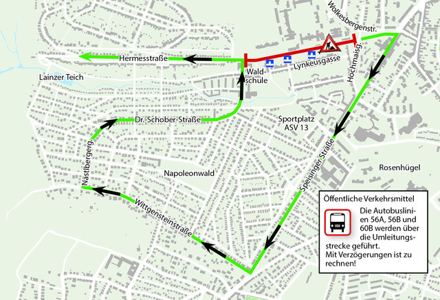 Teilsperre der Hermesstraße: Umleitung für Autos und Bus – es kann zu Staus kommen. | Foto: Plan: APA, Grafik: zop-vieh