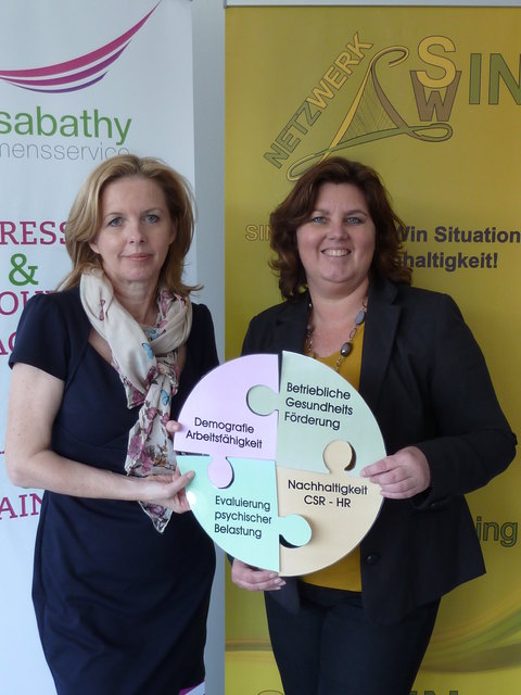 Netzwerk SINWIN Veranstaltung 10.10.2014: Nachhaltiges Wirtschaften durch Projektkombination Evaluierung psychischer Belastung / Betriebliche Gesundheitsförderung und Maßnahmen - Aktionstage Nachhaltigkeit 2014: Referentinnen v l n r Ulrike Sabathy (Ulrike Sabathy Unternehmensservice), Mag.a Claudia Schenner-Klivinyi (Netzwerk SINWIN, SINWIN)