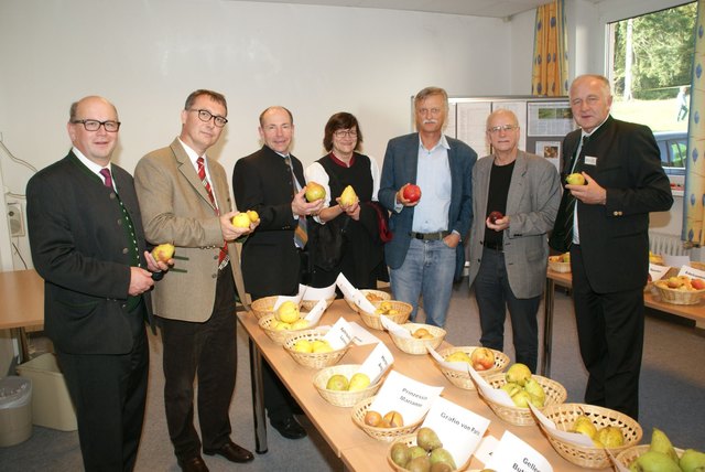 Bei der Obstsortenschau: Fachinspektor Johann Plakolm, Paul Gruber, Max Hiegelsberger, Gertraud Deim, Pomologe Siegfried Bernkopf, Landesschulinspektor Johann Wahlmüller und Franz Hofstadler. | Foto: FS Kirchschlag
