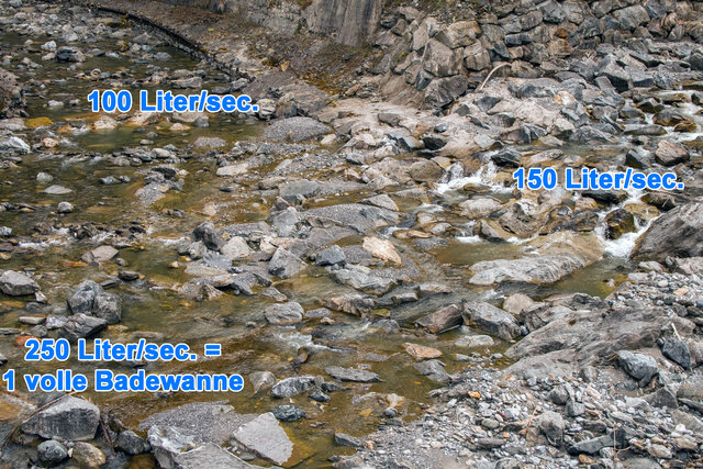 Links oben: Restwasser der Trisanna; rechts: Restwasser der Rosanna; Zusammenfluss ergibt die Sanna. Zirka 100 m flussabwärts kommen beide Bäche in das Bachbett der Sanna zurück. Ab da fließt sie frei und ungehindert bis zur Mündung in den Inn (nach 7,1 km) in Landeck als kürzester Wildwasserfluss Europas! Wie lange noch ist hier jedoch die Frage? © Ing. Günter Kramarcsik