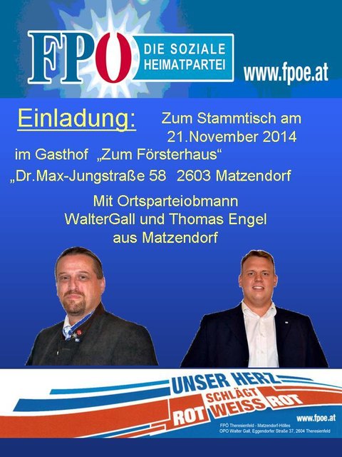 Ortsparteiobmann Walter Gall und Thomas Engel laden zum Stammtisch in Matzendorf!