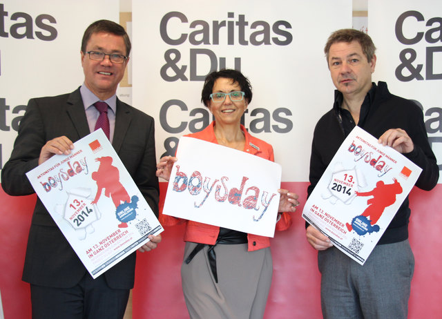 Werben für den Boys’day: LR Peter Rezar, Caritas-Direktorin Edith Pinter und Projektleiter DSA Toni Schuster