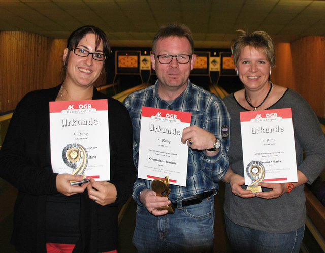 Die Gewinner der AK-ÖGB-Kegelmeisterschaften in Braunau: Martina Witzmann (Nine Pins), Markus Kriegseisen (Gabi’s Pub) und Maria Brunner (KH St. Josef 1).