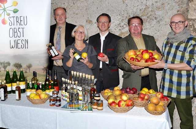 Zum Apfelkulinarium auf Burg Güssing laden (von links) Erich Hirmann, Brigitte Gerger, Harald Popofsits, Manfred Lendl und Harald Schmirl.