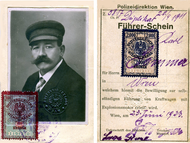 Der Führerschein des Urgroßvaters meiner Frau. Dieses Dokument erteilte die Genehmigung zur selbständigen Führung von Kraftwagen mit Explosionsmotor !!! Der Besitzer dieses FS war bis 1911 Fiaker !!!!!!!