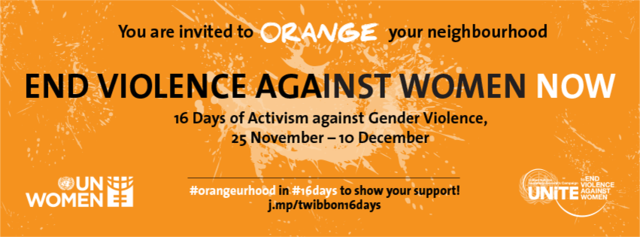 "ORANGE your neighbourhood" - Verwandle dein Umfeld in Orange - english: "The 16 Days of Activism to End Gender-Based Violence starts in a week! This year the UNiTE Campaign's theme for action is "Orange YOUR Neighbourhood." Reach out to your neighbours, local stores, schools, libraries and more! Project orange lights and hang orange flags on your local landmarks, tie orange ribbons where you are allowed, and organize local ‘orange marches’ on 25 November to raise awareness about violence against women..."