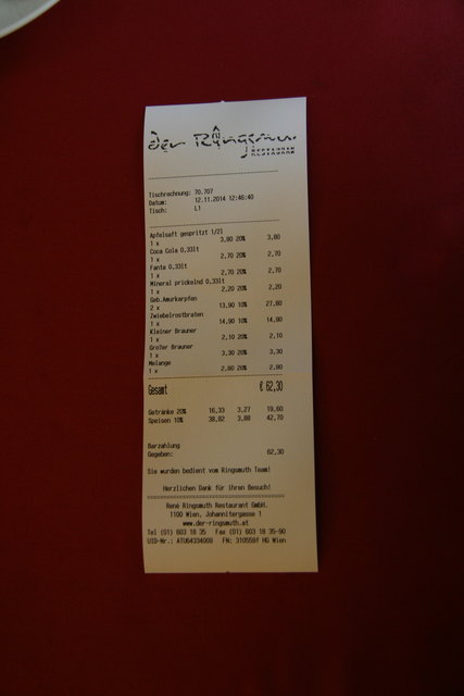 Beim Ringsmuth kann man gepflegt essen. Hier die Rechnung vom Business-Lunch.