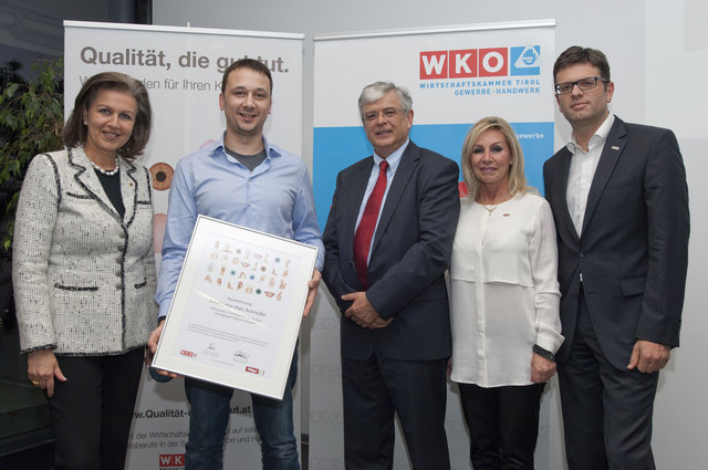 LR Patrizia Zoller-Frischauf und Marc Achmüller mit dem Spartenobmann-Stv. Joseph Gaertner, LIM Astrid Westerthaler und Michael Brandl, Tirol Werbung. | Foto: Foto: Ascher