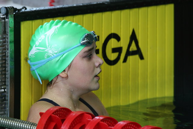 Katja Berger nach ihren ersten 50m Delfin. Müde aber zufrieden...