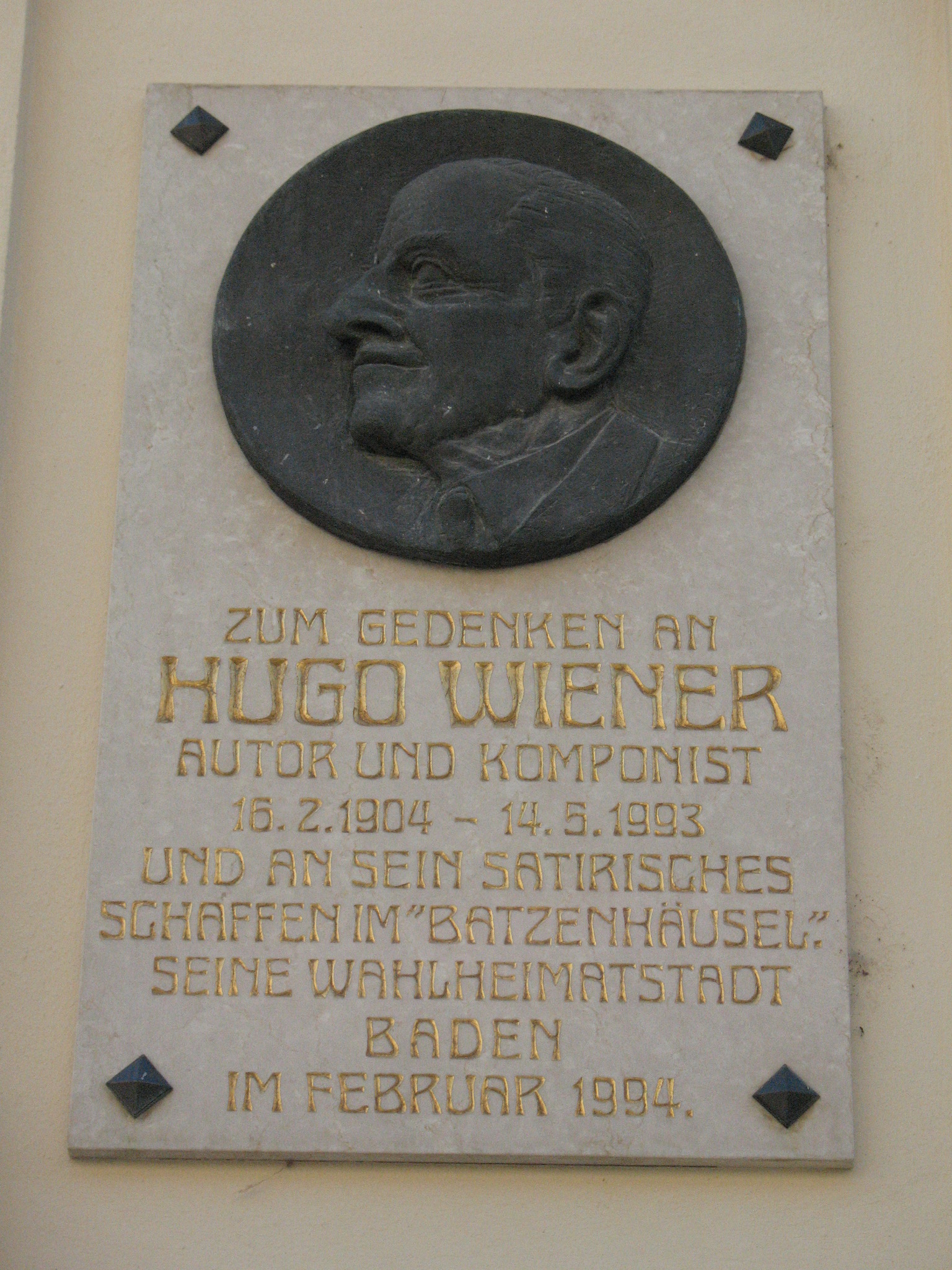 Gedenktafel an den Komponisten Hugo Wiener in Baden bei Wien Murtal