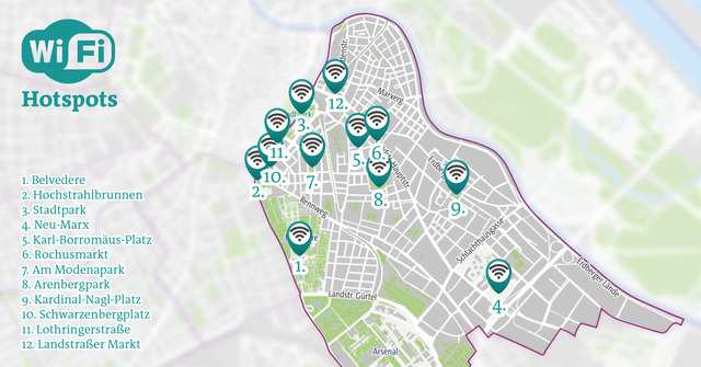An diesen Orten in der Landstraße kann künftig kostenlos gesurft werden. | Foto: Plan: APA; Grafik: Kitting