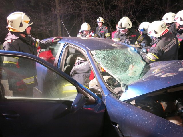 Die Stadtfeuerwehr Oberwart schnitten den Verletzten aus dem Unfallwagen. | Foto: Stadtfeuerwehr Oberwart