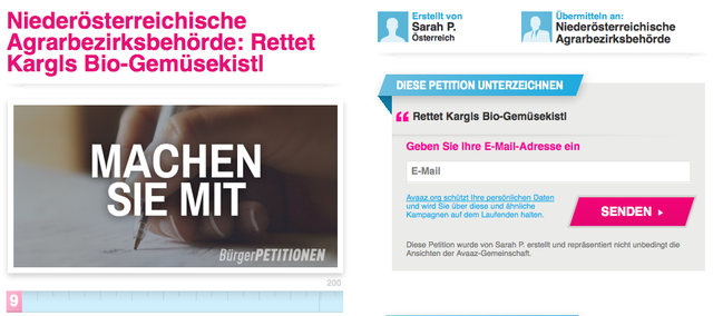 Wenn auch Sie die Familie Kargl aus Großglobnitz unterstützen wollen, unterschreiben Sie die Online-Petition: https://avaaz.org/de/petition/Niederoesterreichische_Agrarbezirksbehoerde_Rettet_Kargls_BioGemuesekistl/edit# | Foto: Screenshot