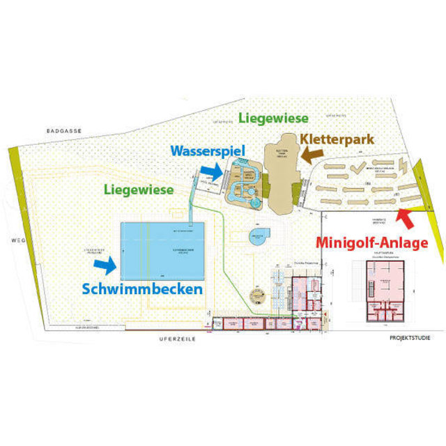 Mit diesen Strandbad-Plänen (Bild: Sommerbetrieb) stellte sich die Stadtgemeinde Pressbaum einer Bürgerbefragung.