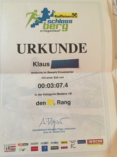 Urkunde für den Freigänger beim Grazer Schlossberglauf.