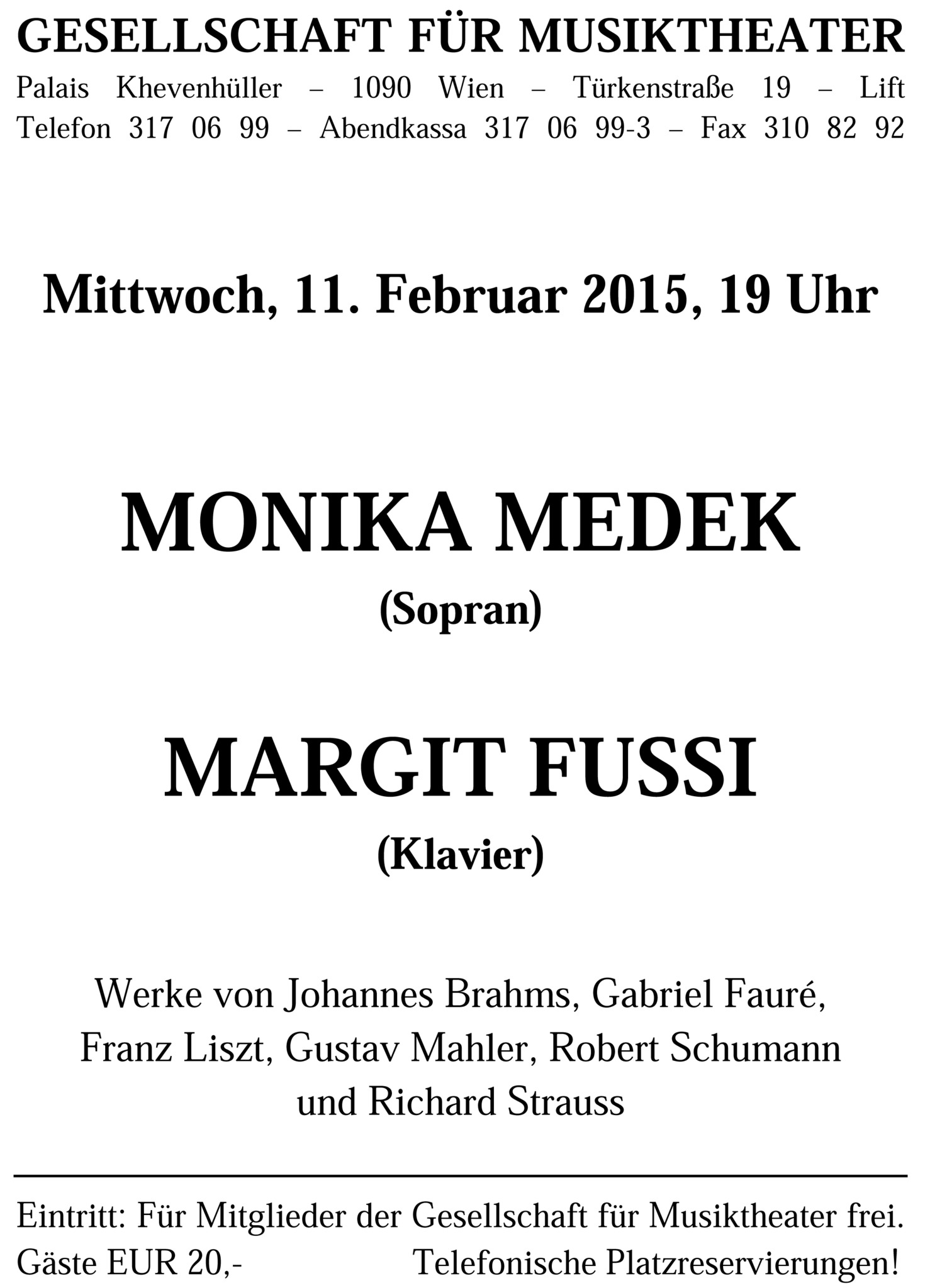 Liederabend Monika Medek, Sopran und Margit Fussi, Klavier Wienerwald