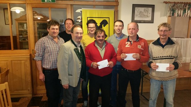 V.l.: Organisator Heinz Albrecher, Kassier Christian Neumann, Spielleiter DI Franz Hammer, Michael Peißer (Raiba), 3. Perter Haßmann, 
OPO Martin Kogler, Sieger Vinzenz Cresnik.