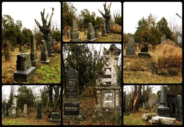 Diese Collage von einer Stelle des Friedhofsteils, an der das Ausmaß der Zerstörung durch Krieg und Verfall besonders augenfällig ist, stelle ich dem Beitrag voran