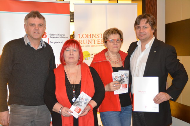 Sie fordern eine entsprechende steuerliche Entlastung für die Mittelschicht laut ÖGB/AK-Modell: Ewald Gossy, Hannelore Binder (ÖGB-Landesfrauenvorsitzende), Sieglinde Steiner und Dietmar Misik (ÖGB-Regionalvorsitzender)