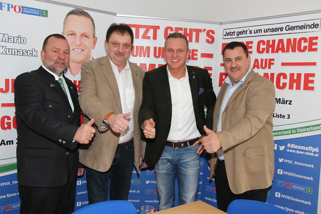Hans Berger (FPÖ Pöllau), LAbg. Anton Kogler, NR Mario Kunasek und Lutz Pratter (FPÖ Hartberg; v.l.).