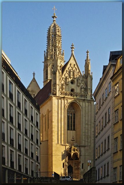 Die wunderbare Kirche Maria am Gestade (wobei das Gestade eigentlich nicht Ufer heißt, sondern G'stättn)
