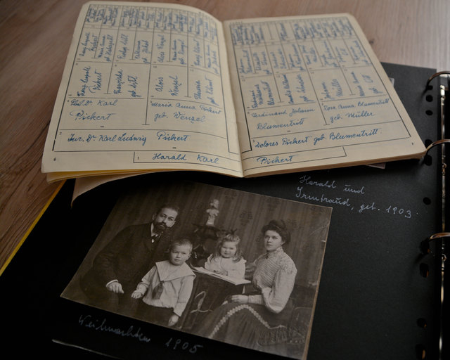 Die Familie Pickert in Kufstein zu Weihnachten im Jahre 1905, darüber der ab 1938 geforderte Ahnenpass.