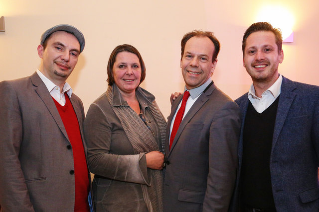 Treten für NEOS bei den Bezirksvertretungswahlen an: Andreas Leszkovsky (15.), Birgit Cottogni (18.), Wolfgang Gerold (14.) und Jörg Konrad (16., von links). | Foto: Justin Beboso/NEOS Wien