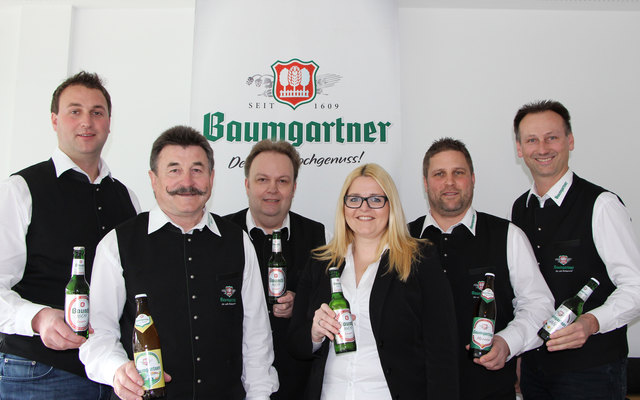 Stefan Wallner, Brauerei-"Urgestein" Josef (Joe) Weidlinger, Christian Sauerkoch, Verkaufs-Innendienstleiterin Barbara Brückl, Markus Stadler und Gerald Hölzl