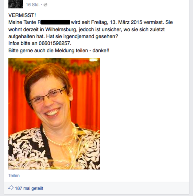 Die Wilhelmsburgerin Renate E. wird seit dem 13. März vermisst. Ein naher Verwandter bittet um Hilfe. | Foto: Screenshot/Facebook