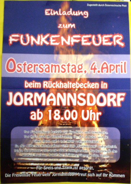 Die Einladung zum österlichen "Funkenfeuer" in Jormannsdorf. Veranstalter war die dortige Feuerwehr!