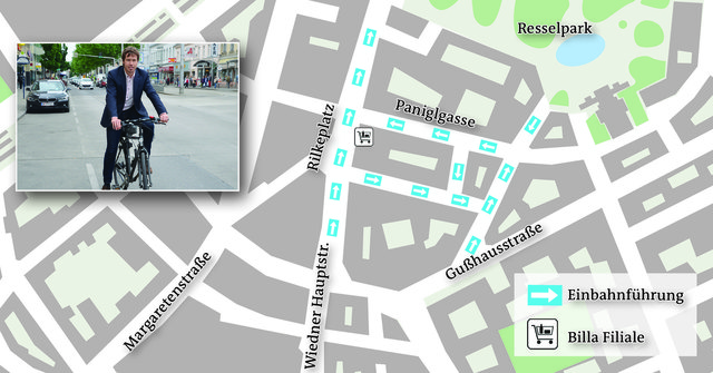Christian Gratzer vom VCÖ will bessere Radwege zum Supermarkt am Rilkeplatz. | Foto: Grafik: APA/Ragendorfer Foto: Kössler