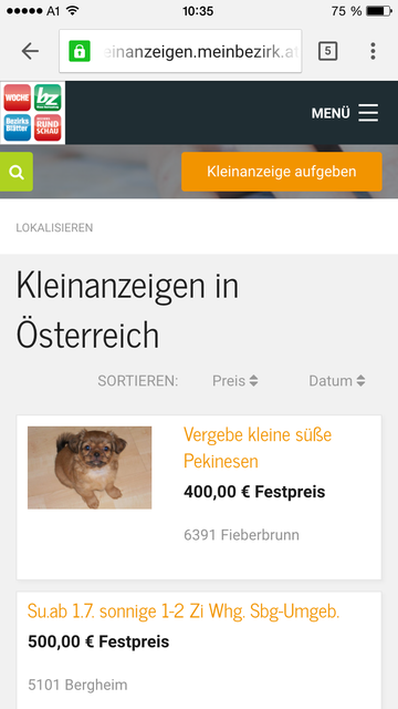 Am Smartphone kleinanzeigen.meinbezirk.at aufrufen.