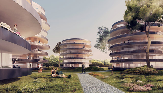 Architektonisch interessante Wohnhäuser mit Terrassenringen werden in einem riesigen Park errichtet. | Foto: IC Projektentwicklung GmbH