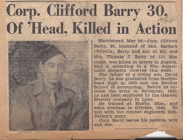 Der Zeitungsartikel berichtet, dass Corp. Clifford Barry beim Einmarsch in Österreich starb.