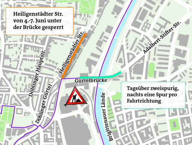 Die Arbeiten auf der vielbefahrenen Brücke gehen weiter, nachts ist pro Fahrtrichtung nur eine Spur geöffnet. | Foto: Grafik: APA/Knoll