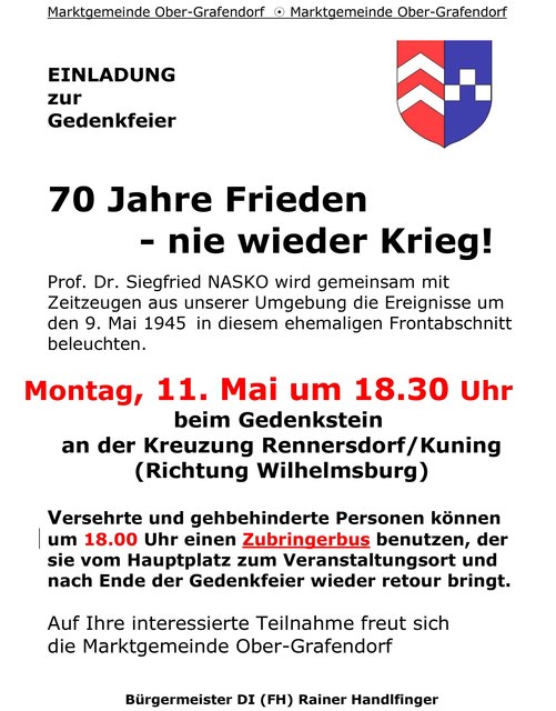 Einladung zur Gedenkfeier "70 Jahre Frieden - nie wieder Krieg" | Foto: Gemeinde Ober-Grafendorf