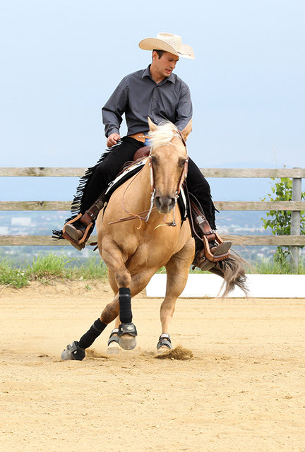 Spin – schnelle Drehung. Josef Mittmannsgruber spinnte sich mit Red Pine Command zum Reining Day Steyregg Open Champion 2015.