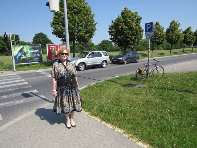 Anrainerin Helene Zachradka weist auf die Gefahr hin, die von der Ampel auf der Angyalföldstraße ausgeht.